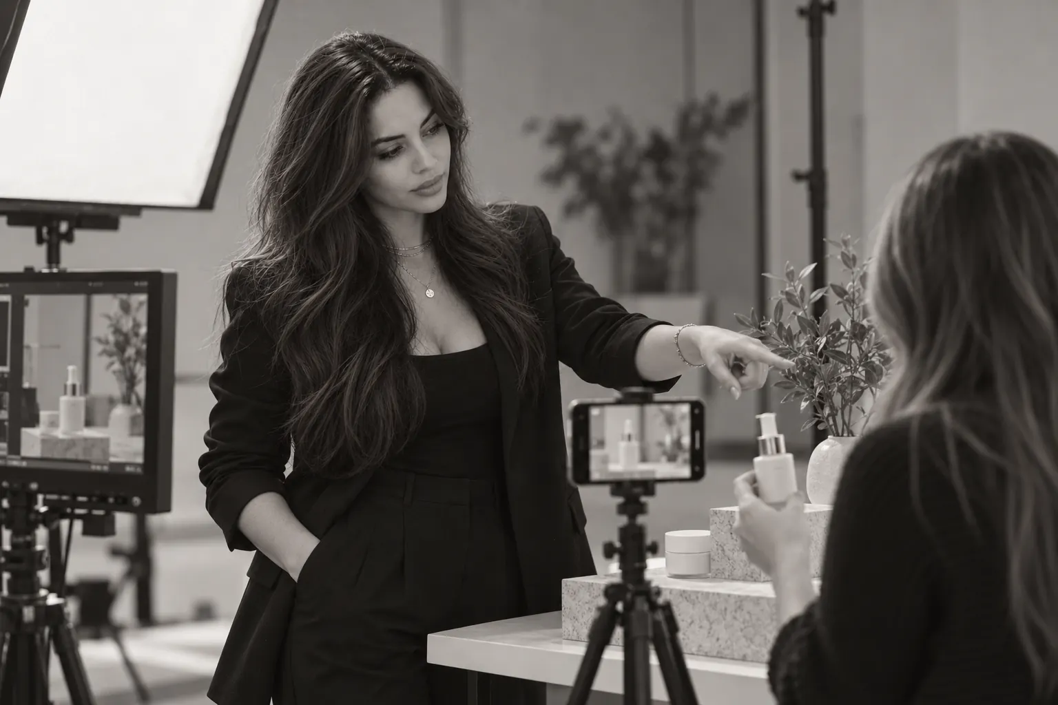 Rim dirige une créatrice qui filme un produit de soin en studio